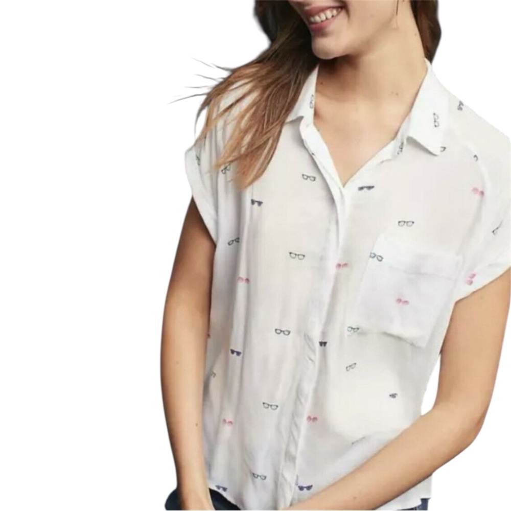 Rails Whitney Sunnies White Linen Blouse with Multicolor Print Medium